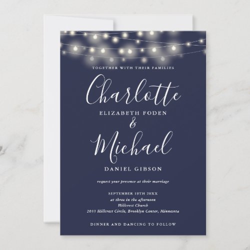 String Lights Script Navy Blue QR Code Wedding Invitation