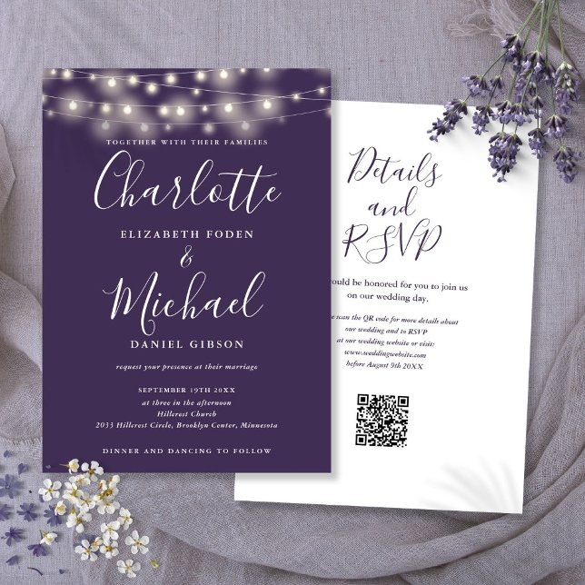 String Lights Script Purple QR Code Wedding Invitation (String Lights Script Purple QR Code Wedding Invitation)