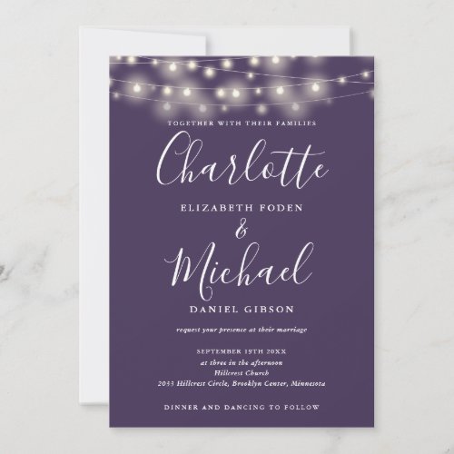 String Lights Script Purple QR Code Wedding Invitation