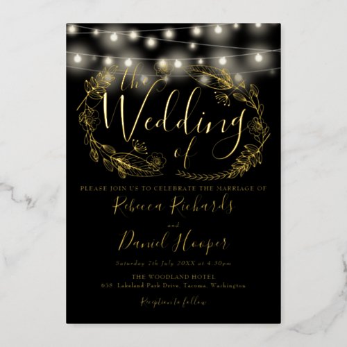 String Lights Script Wedding Black And Gold  Foil Invitation