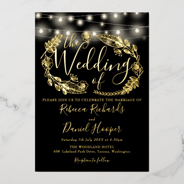 String Lights Script Wedding Black And Gold  Foil Invitation (Front)