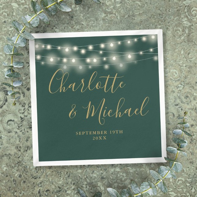 String Lights Signature Gold Script Green Wedding Napkins (String Lights Signature Gold Script Green Wedding Napkins)