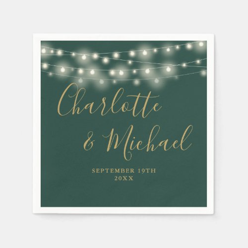 String Lights Signature Gold Script Green Wedding Napkins