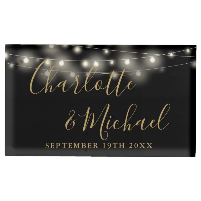 String Lights Signature Script Black And Gold Place Card Holder (Front)