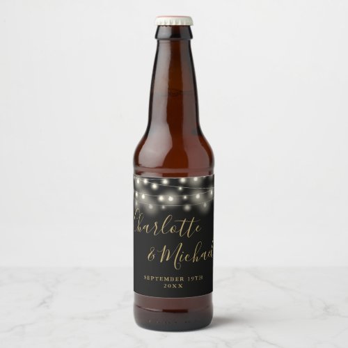 String Lights Signature Script Black Gold Wedding Beer Bottle Label