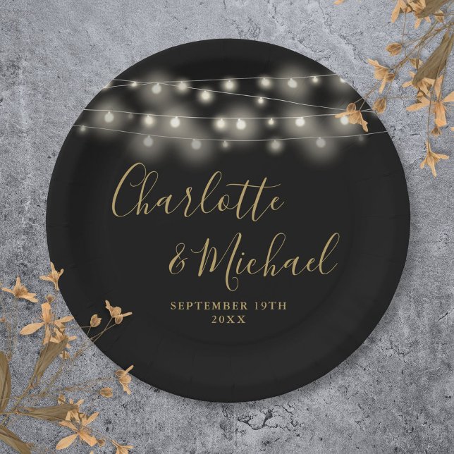 String Lights Signature Script Black Gold Wedding Paper Plates (String Lights Signature Script Black Gold Wedding Paper Plates)