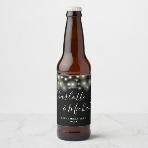 String Lights Signature Script Black White Wedding Beer Bottle Label