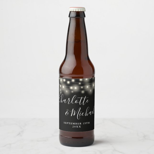 String Lights Signature Script Black White Wedding Beer Bottle Label (Front)