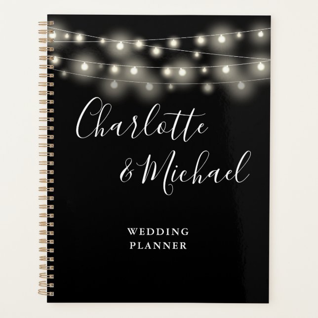 String Lights Signature Script Black White Wedding Planner (Front)
