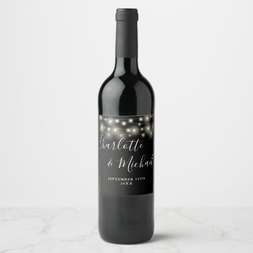 String Lights Signature Script Black White Wedding Wine Label