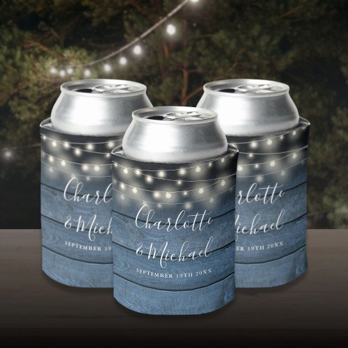 String Lights Signature Script Blue Wood Wedding Can Cooler