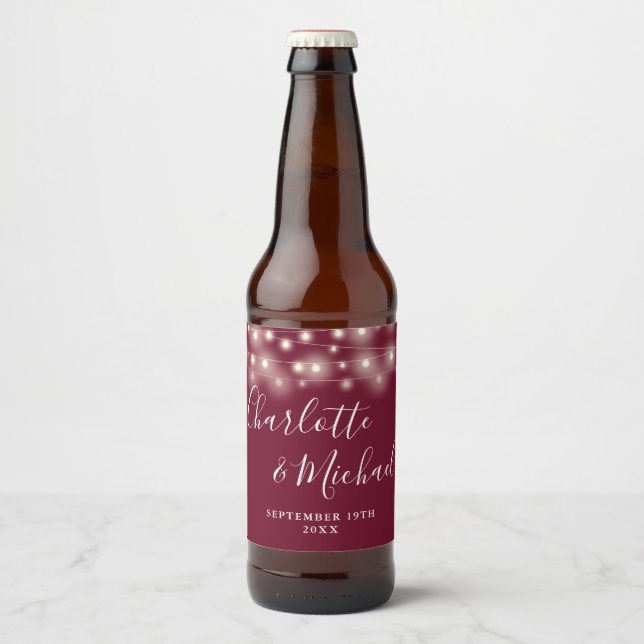 String Lights Signature Script Burgundy Wedding Beer Bottle Label (Front)
