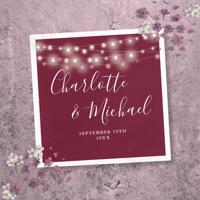 String Lights Signature Script Burgundy Wedding Napkins (String Lights Signature Script Burgundy Wedding Napkins)