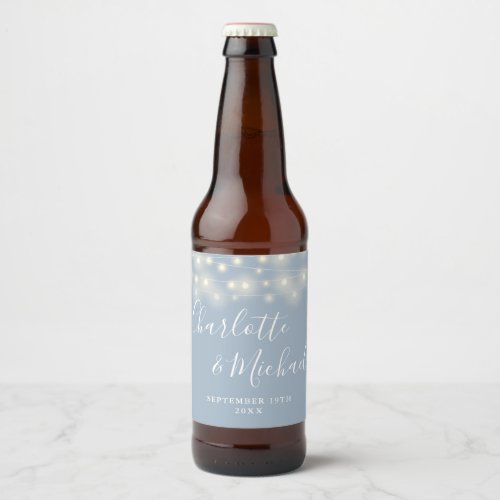 String Lights Signature Script Dusty Blue Wedding Beer Bottle Label