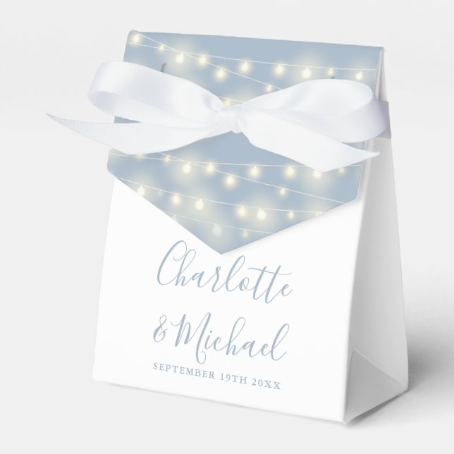 String Lights Signature Script Dusty Blue Wedding  Favor Boxes (Front Side)