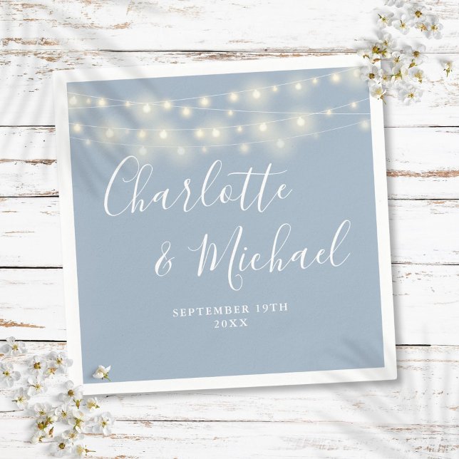 String Lights Signature Script Dusty Blue Wedding Napkins (String Lights Signature Script Dusty Blue Wedding Napkins)