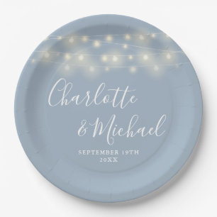 String Lights Signature Script Dusty Blue Wedding Paper Plates
