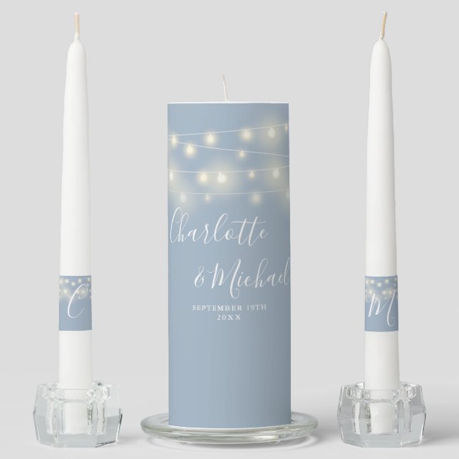 String Lights Signature Script Dusty Blue Wedding Unity Candle Set (Front)