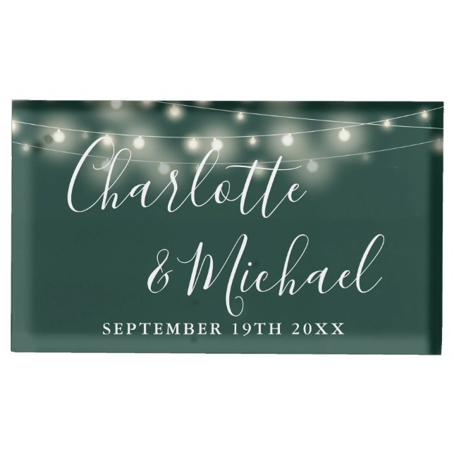 String Lights Signature Script Emerald Green Place Card Holder (Front)
