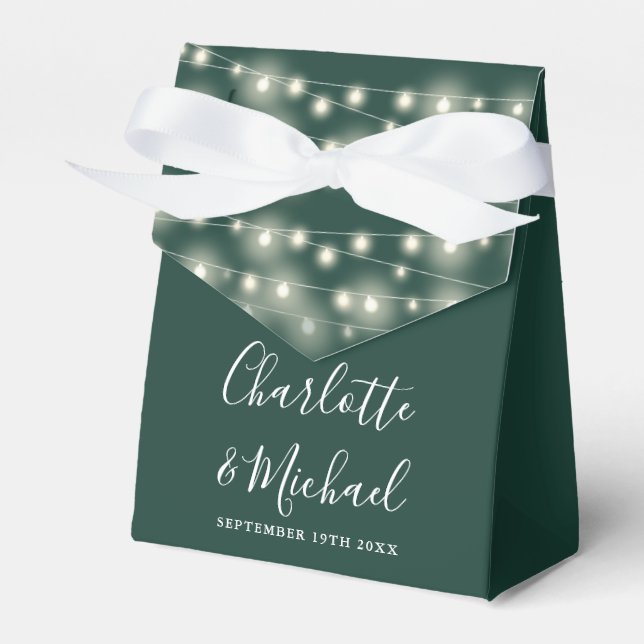 String Lights Signature Script Emerald Wedding Favor Boxes (Front Side)