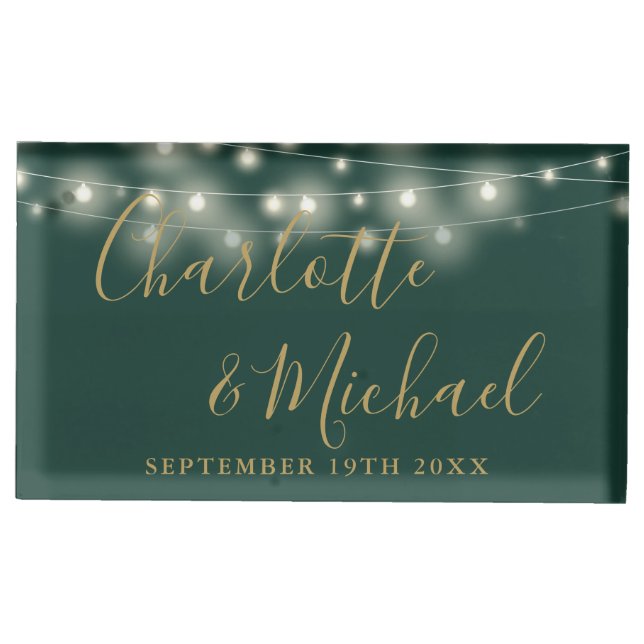 String Lights Signature Script Green And Gold Place Card Holder (Front)