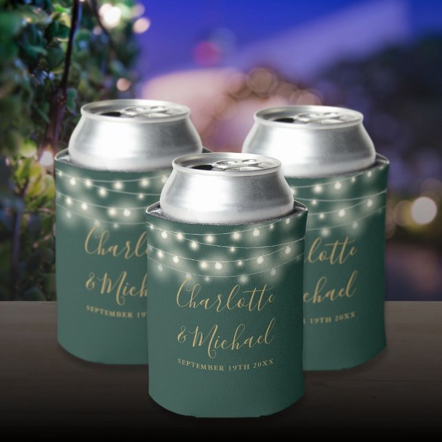 String Lights Signature Script Green Gold Wedding Can Cooler (String Lights Signature Script Green Gold Wedding Can Cooler)