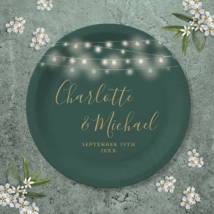 String Lights Signature Script Green Gold Wedding Paper Plates