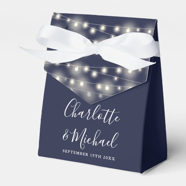 String Lights Signature Script Navy Blue Wedding Favor Boxes (Front Side)