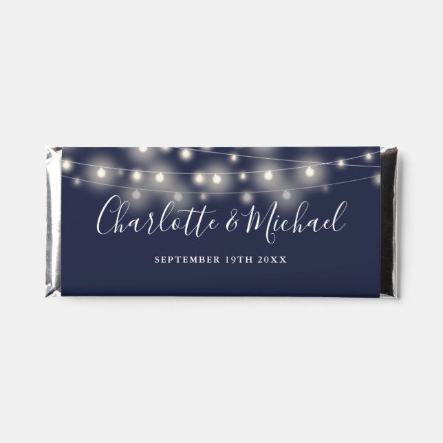 String Lights Signature Script Navy Blue Wedding Hershey Bar Favors (Front)