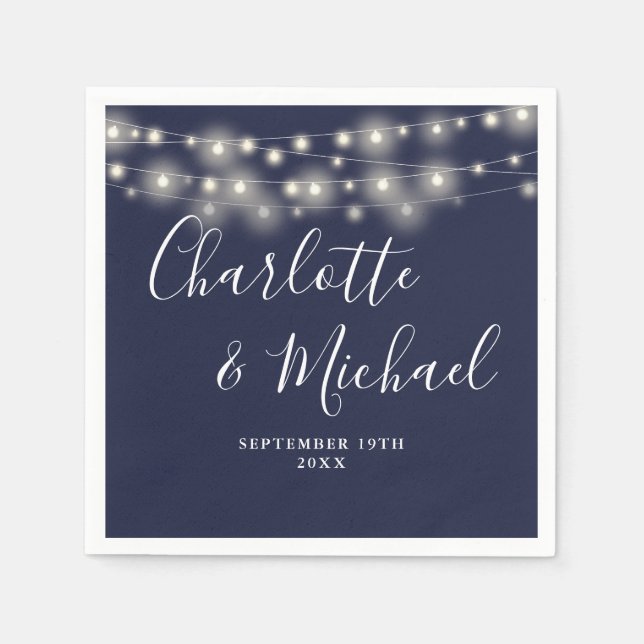 String Lights Signature Script Navy Blue Wedding Napkins (Front)