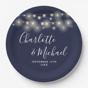 String Lights Signature Script Navy Blue Wedding Paper Plates