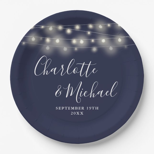 String Lights Signature Script Navy Blue Wedding Paper Plates (Front)