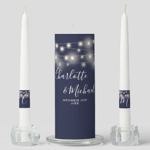 String Lights Signature Script Navy Blue Wedding Unity Candle Set