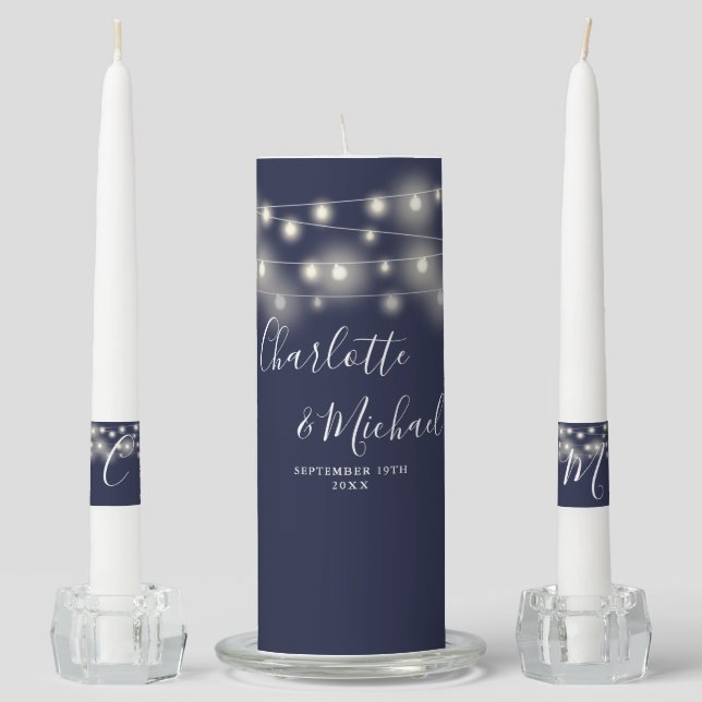 String Lights Signature Script Navy Blue Wedding Unity Candle Set (Front)