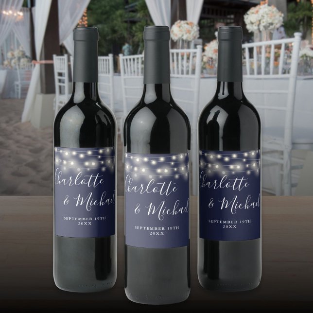 String Lights Signature Script Navy Blue Wedding Wine Label (String Lights Signature Script Navy Blue Wedding Wine Label
)