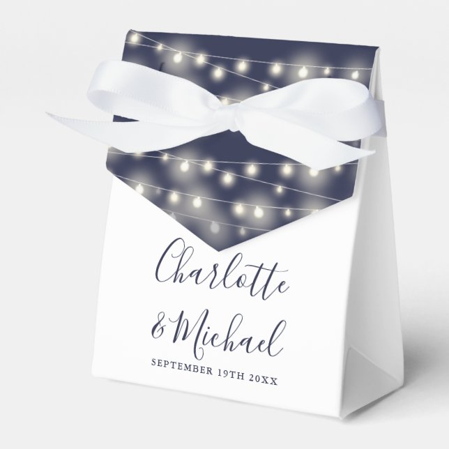 String Lights Signature Script Navy White Wedding  Favor Boxes (Front Side)