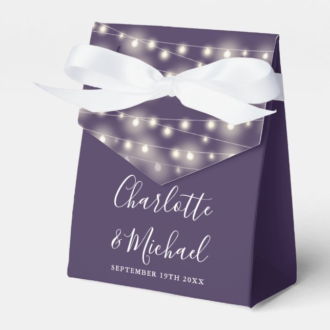 String Lights Signature Script Purple Wedding Favor Boxes (Front Side)
