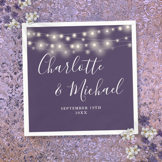 String Lights Signature Script Purple Wedding Napkins (String Lights Signature Script Purple Wedding Napkins)
