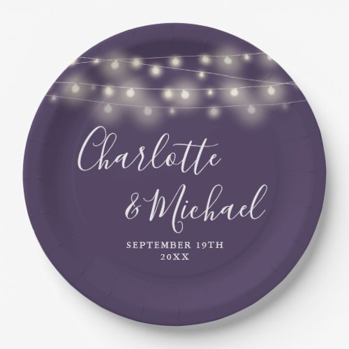 String Lights Signature Script Purple Wedding Paper Plates