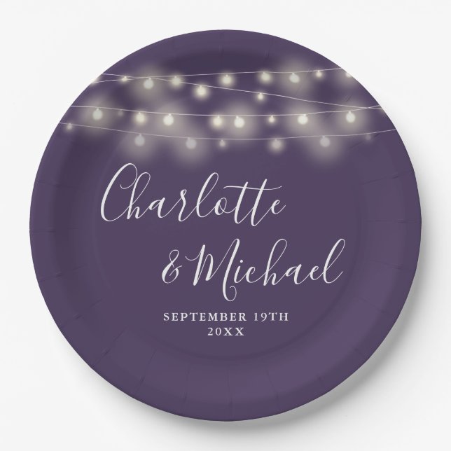 String Lights Signature Script Purple Wedding Paper Plates (Front)