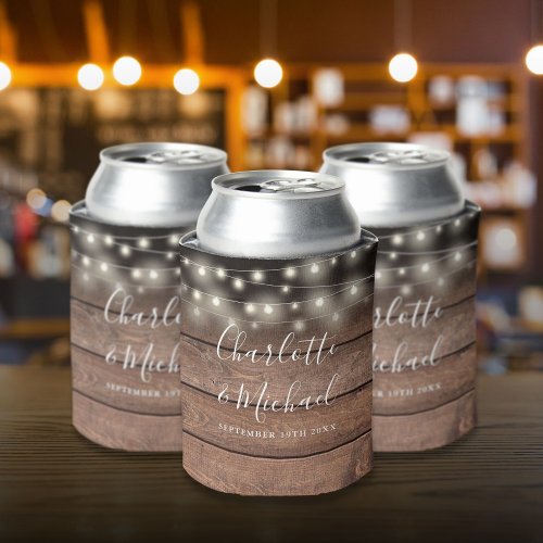 String Lights Signature Script Rustic Wood Wedding Can Cooler