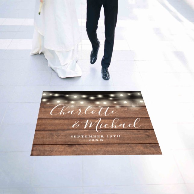 String Lights Signature Script Rustic Wood Wedding Floor Decals (Wedding)