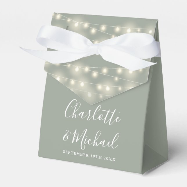 String Lights Signature Script Sage Green Wedding Favor Boxes (Front Side)