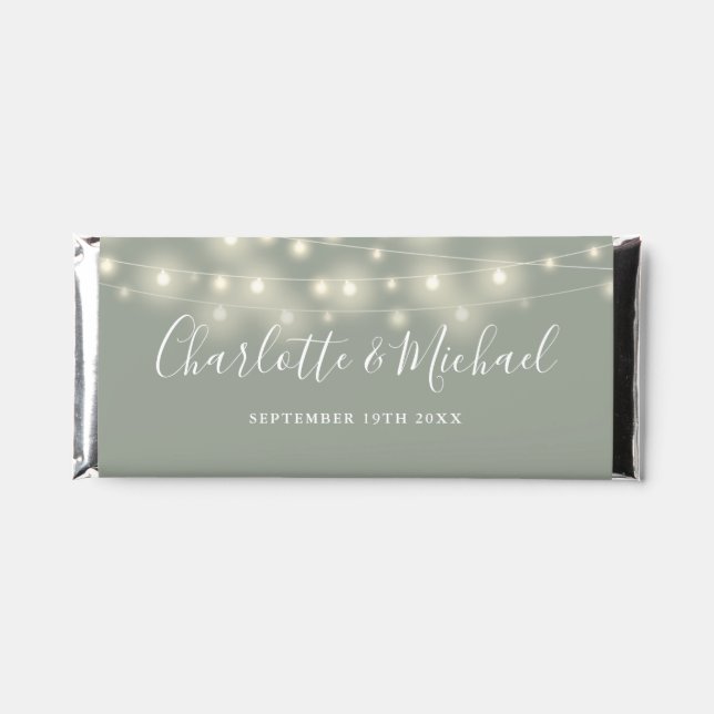 String Lights Signature Script Sage Green Wedding Hershey Bar Favors (Front)