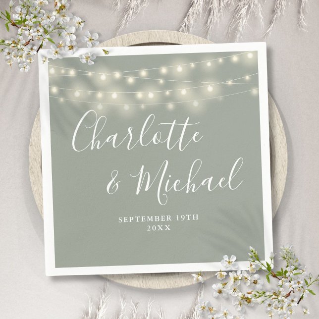 String Lights Signature Script Sage Green Wedding Napkins (String Lights Signature Script Sage Green Wedding Napkins)
