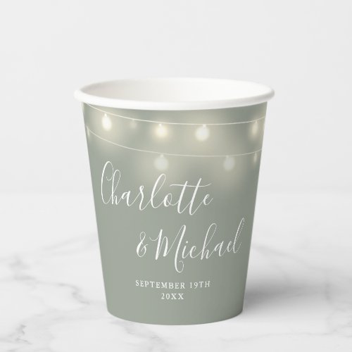 String Lights Signature Script Sage Green Wedding Paper Cups