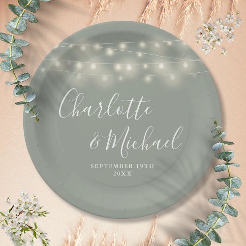 String Lights Signature Script Sage Green Wedding Paper Plates