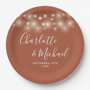 String Lights Signature Script Terracotta Wedding Paper Plates