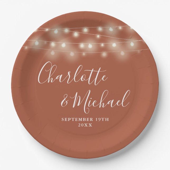 String Lights Signature Script Terracotta Wedding Paper Plates (Front)