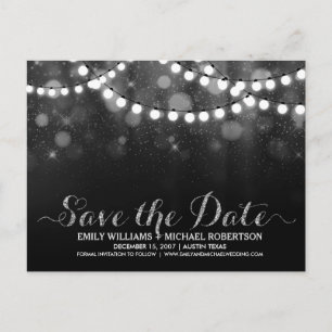 String lights silver bokeh save the date announcement postcard